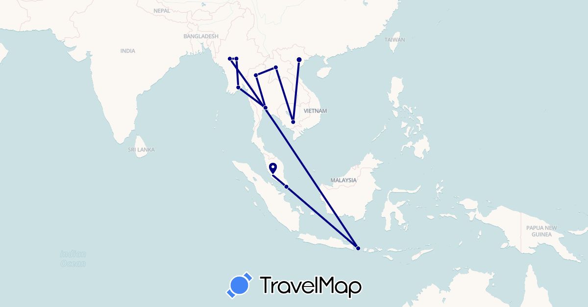 TravelMap itinerary: driving in Indonesia, Cambodia, Laos, Myanmar (Burma), Malaysia, Singapore, Thailand, Vietnam (Asia)
